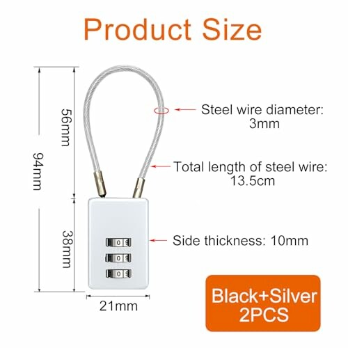 Dimensions d'un cadenas à combinaison avec câble en acier