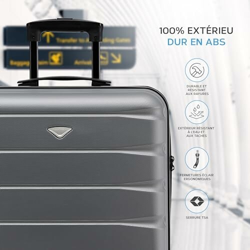 Valise grise en ABS avec caractéristiques durabilité et serrure TSA.