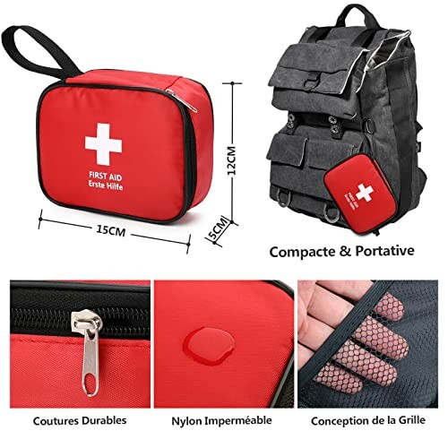 Trousse de premiers secours rouge avec sac à dos noir compact