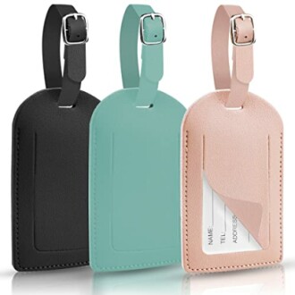 Étiquettes de bagages en cuir noir, vert et beige.