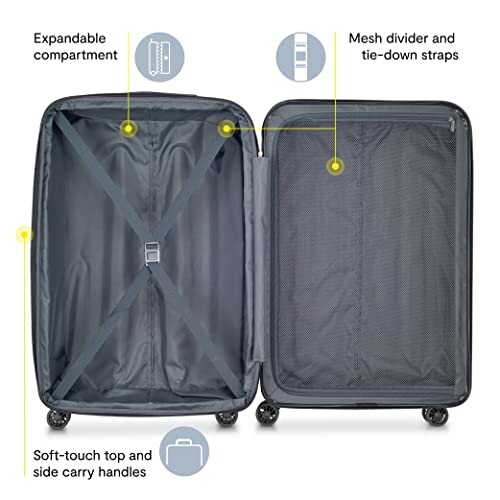 Vue intérieure d'une valise avec compartiment extensible.