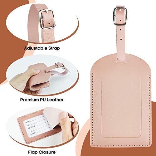 Étiquette de bagage rose en cuir PU avec sangle ajustable et rabat.