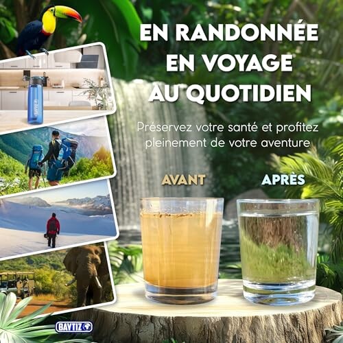 Comparaison de l'eau avant et après filtration lors d'une randonnée.